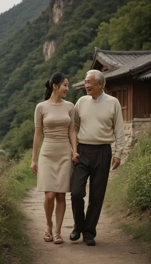 (1 Chinese girl), (1 elderly Chinese man), full body, girl with long black hair, slim figure, large breasts, wearing a beige thin short-sleeved sweater, a medium-length one-step skirt, with her hair tied in a bun, holding hands with a man, smiling, elderly Chinese man with white hair, walking on a mountain path, there is a wooden hut not far away, kissing, touching buttocks, Chinese rural wooden house, sunny day, stream flowing, 3/4 view, (kissing)