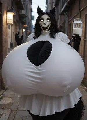 1girl, solo, ((anthro female, Character, scp-1471:1.3)), anthro woman, canine anthro, black fur, black hair, black sclera, white eyes, glowing eyes, (((furry art, fur, anthro woman, Big breasts, black fur, hyper breasts, milk expansion:1.3))), fluffy tail, white dress, cleavage cutout, turtleneck dress, skirt cutout, thigh cutout, selfie, outdoors, alley, dark lighting, night, nightclub, city, BREAK
masterpiece, best quality, newest, absurdres, highres, amazing quality, very aesthetic