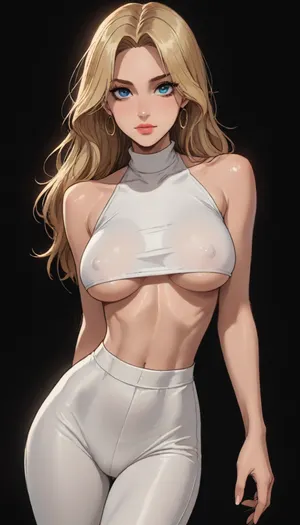 Score_9, score_8_up, score_7_up, reiq meets markgavatino artstyle snub nose, supermodel face, blue eyes, big lips, (long blonde hair, straight hair), (athletic body, narrow waist, wide hips, large breasts), thick puffy nipples, toned abs, toned hips, toned arms, hips apart, touching wall, sexy pose, ass back, cameltoe, white leggings, underboob loose CAMI blouse top, black background, rim light, cute, doodle, ratatatat74, <lora:cutedoodle_XL-000012:.8>, <lora:ratatatat74-000050:.8>, <lora:NEOTOKIOXL_0.2_RC:.8>