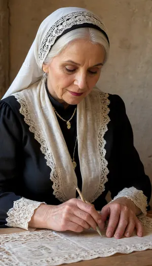 ((top quality, masterpiece, high resolution, ultra detailed, photorealistic)), ((elderly Maltese lacemaker wearing traditional għonnella headscarf and authentic folk costume, traditional cream and black outfit with intricate embroidery)), (actively creating bobbin lace with moving hands, threads weaving between fingers, detailed lace pattern taking shape), (extremely realistic skin textures with wrinkles, veins and age spots on hands:1.4), (weathered face showing years of craftsmanship, intense concentration in eyes), inside an old stone house with rough-hewn walls, sitting by a wooden window with small panes, lace making tools, vintage wooden furniture with patina, warm golden hour light streaming in through the window creating patterns on the stone walls, Mediterranean architecture details visible through the window, hyper-realistic stone, wood and fabric textures, perfect anatomical details of working hands, sharp focus in lace work, no noise, no artifacts