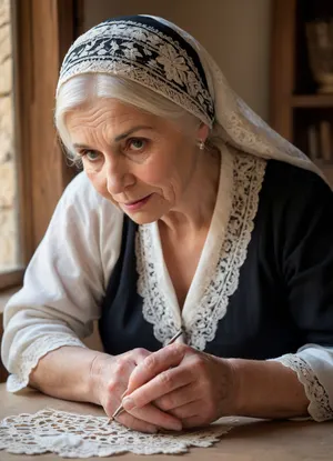 ((top quality, masterpiece, high resolution, ultra detailed, photorealistic)), ((elderly Maltese lacemaker wearing traditional għonnella headscarf and authentic folk costume, traditional cream and black outfit with intricate embroidery)), (actively creating bobbin lace with moving hands, threads weaving between fingers, detailed lace pattern taking shape), (extremely realistic skin textures with wrinkles, veins and age spots on hands:1.4), (weathered face showing years of craftsmanship, intense concentration in eyes), inside an old stone house with rough-hewn walls, sitting by a wooden window with small panes, lace making tools, vintage wooden furniture with patina, warm golden hour light streaming in through the window creating patterns on the stone walls, Mediterranean architecture details visible through the window, hyper-realistic stone, wood and fabric textures, perfect anatomical details of working hands, sharp focus in lace work, no noise, no artifact, no error