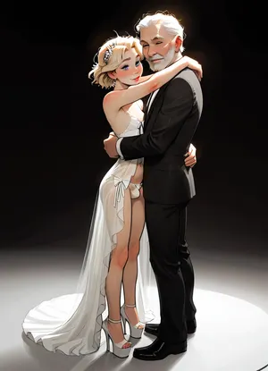 toon, incase, drawing style, 1man, 1 femboy, femboy, long blonde hair, large flaccid cock and balls, cumming, (detailed face), polite smile, naked femboy, tiny white negligee with panties white platform high heels, build in white panties, perky tits, full body, (bottomless), wedding photo hugging oversized old man in suit, ((bare breast:1.2)), at wedding, <lora:nagatoro hayase-000015:.8>, <lora:287175_training_data:.4>, <lora:samdoesart_style_xl_v1:.4>, <lora:Animated_Concept:.4>