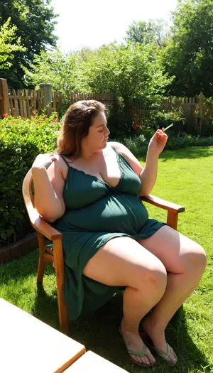very obese bbw woman sitting comfortably outdoors, dressed in a casual, dark green nightgown. The setting is a sunlit garden with a wooden fence and lush green grass in the background. The scene is bathed in warm, natural sunlight which casts soft shadows and highlights the textures of the clothing and the person's hair. The person holds a lit cigarette in their right hand, with wisps of smoke gently curling upward. The overall mood is relaxed and tranquil, with a sense of leisurely enjoyment. Capture the details of the woven outdoor chair, the intricate play of light and shadow, and the serene atmosphere of a sunny day spent in a peaceful garden setting. Ensure the colors are vibrant yet natural, emphasizing the harmony between the person and their surroundings.