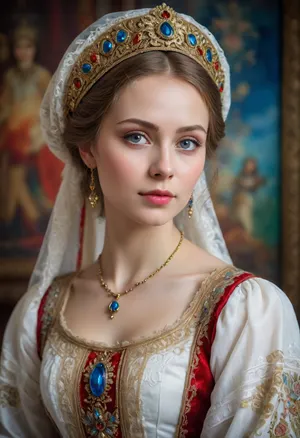 Portrait of a Russian beauty in national costume, lace filigree of bright, rich color. Super clear, highly detailed watercolor, glaze technique, plus colored alcohol ink, style of V. Vasnetsov