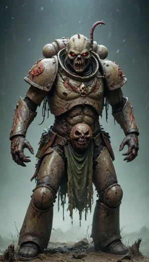 ((Plague Marine)), Captain Typhus, rotten head, a lot of rust and cracks in the armor, intestines from the stomach, no helmet, vomit, A battle scythe in hand, metal corrosion, Cracks in the metal, a lot of cracks, thick ichor and pus flowing from the cracks. Tentacles fall out of a hole in the stomach. Guard, plague, Nurgle, flies, rot, Dark, Fantasy, page, bile, moisture, mold, <lora:AdvancedEnhancerXLv2:2>, <lora:Dark Fantasy:2>, <lora:262372_training_data:2>, <lora:Astartes-000007:2>, Dbeauty, <lora:Dead_Beauty:.8>