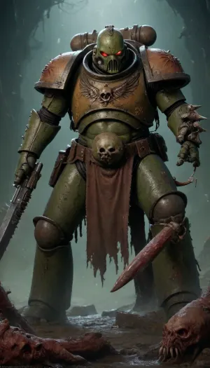 ((Plague Marine)), Captain Typhus, a lot of rust and cracks in the armor, intestines from the stomach, no helmet, vomit, A battle scythe in hand, metal corrosion, Cracks in the metal, a lot of cracks, thick ichor and pus flowing from the cracks. Tentacles fall out of a hole in the stomach. Guard, plague, Nurgle, flies, rot, Dark, Fantasy, page, bile, moisture, mold, <lora:AdvancedEnhancerXLv2:2>, <lora:Dark Fantasy:2>, <lora:262372_training_data:2>, <lora:Astartes-000007:2>