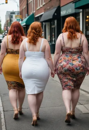 woman, a photo of three pale white ssbbw women walking next to each other, 3women, redhead, ginger, blonde, multiple women, windy, from behind, multiple asses, bare butts, on a busy city sidewalk, wearing multicolored dresses, best quality, fine details, L1NAL1S, <lora:L1NAL1S_last:.8>