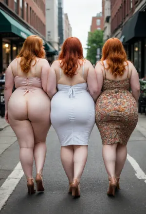 woman, a photo of three pale white ssbbw women walking next to each other, 3women, redhead, ginger, blonde, multiple women, windy, from behind, multiple asses, bare butts, on a busy city sidewalk, wearing multicolored dresses, best quality, fine details, L1NAL1S, <lora:L1NAL1S_last:.8>, tr1b00b, <lora:934368_training_data:.8>