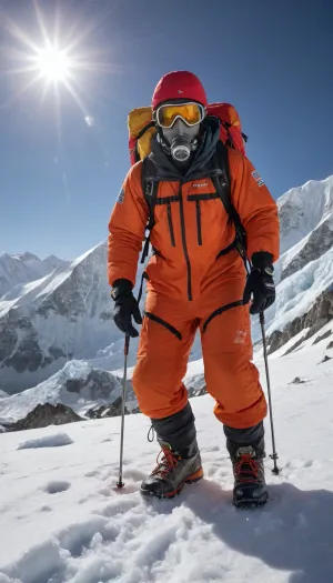 (Ultra high quality, masterpiece, 8k UHD high resolution, ultra detailed hyper realistic photography, perfect focus:1.3), ((A climber at Everest Base Camp)), (Professional mountaineering gear, insulated suit with weather resistant outer layer. He is wearing intricately detailed gore-tex everest summit boots, technical climbing gear. Heavy duty gloves. Blizzard mask on his forehead. Polarized goggles on his forehead. Rope, stilts, carabiner., (Extremely realistic snow textures with footprints and various crystal structures:1.3), (Everest Base Camp. Several tents around, (several prayer flags waving in the wind:1.4), sunrise light about to follow the climb, (perfect cool facial expression), no noise, no artifacts, no errors, well focused))