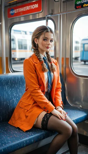 A fair-haired girl with two braided pigtails, wearing an orange short coat and short black stockings, is sitting in a subway car, (St. Petersburg), (the "Baltiets" train), . She has a red manicure. She is very sexy. A fair-haired girl with two braided pigtails, wearing an orange short coat and short black stockings, is sitting in a subway car, (St. Petersburg), (the "Baltiets" train), . She has a red manicure. She is very sexy.