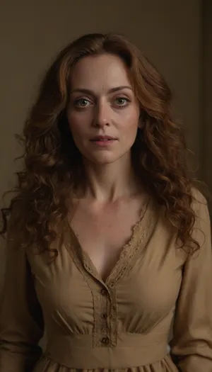 ultrarealistic, 8K HD, voluptuous 50-years old woman wearing torn clothes, very long curly hair, (small almond-shaped eyes:1.6), deep blue eyes, smiling, full body view