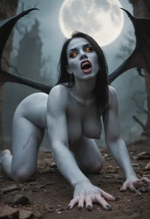 Salma is 22 years old and a witch in revolt, very long straight black hair, Large, white, (The pupils of the cat's eyes are orange in color), Salma has sharp yellow fangs, A well-defined, beautiful mouth, (Sharp fangs), small narrow nose, Salma's face and body are covered with scars, big standing tits, dark swollen nipples, narrow waist, wide hips, wide butt, (bony hands with long black claws), pale blue skin with ulcers, (She has pale blue skin), There are black claws on the soles of the feet, Salma in the old, pubic hair, gloomy cemetery, Fog is hovering over the cemetery, and the moon is full, He stands on all fours with his terrible fanged mouth open, (The huge bat wings on her back), Salma's close-up