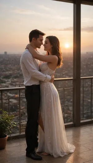 1 woman, 1 man, ultra-realistic, very detailed human textures, natural facial expressions, full body, hugging romantically, eyes closed, soft smile, big balcony at golden hour, warm romantic lighting, cinematic composition, sunset, soft shadows, ultra-symmetrical anatomy, ultra high detail in skin, hair, and clothing, <lora:add-detail-xl:1>, <lora:Super_Eye_Detailer_By_Stable_Yogi_SDPD0:1>, <lora:polyhedron_golden_hour_000006:1.7>