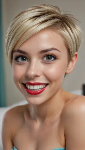 highly detailed picture of a young woman 22 years old with a radiant, open smile. skinny, full body in view, nude, bedroom, uberfit, muscular, athletic, She has an oval face with a moderately strong jawline and a soft, rounded chin. Her lips are full and bright, with a vibrant red lipstick emphasizing her wide, joyful smile, revealing straight, white teeth. Her nose is small and slightly upturned, with a playful charm. Her cheeks are full and lift with her smile, showing natural flush.
Her eyes are a clear, light blue, wide and bright, conveying happiness. Her eyebrows are thin, light blonde, and subtly arched, almost disappearing into her hair color. Her forehead is smooth and clear, partially covered by her distinctive hairstyle.
Her hair is a striking, multi-toned style. The dominant color is a very light, almost platinum blonde, with distinct sections of vibrant teal or mint green mixed in, particularly on the top and sides, and a streak of brighter blue visible. The cut is a modern, edgy, layered pixie style. The top layers are short and spiky, pointing upwards and slightly forward, giving it volume and texture. The sides are cut shorter, possibly shaved or faded, while longer strands frame her face and extend past her ears, creating a dynamic contrast.
The lighting is direct and bright, highlighting her features and the vivid colors of her hair. The background is dark and indistinct, possibly a blurred interior, keeping the focus entirely on her face. The image should capture her lively personality, with exceptional detail in the hair texture, the sparkle in her eyes, and the sincerity of her smile. The style should be photorealistic with a focus on capturing her unique and expressive look., <lora:uberfit_lora_sdxl:.4>, <lora:EnvyCuteXL08:.8>
