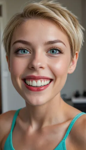 highly detailed picture of a young woman 22 years old with a radiant, open smile. skinny, full body in view, nude, bedroom, uberfit, muscular, athletic, She has an oval face with a moderately strong jawline and a soft, rounded chin. Her lips are full and bright, with a vibrant red lipstick emphasizing her wide, joyful smile, revealing straight, white teeth. Her nose is small and slightly upturned, with a playful charm. Her cheeks are full and lift with her smile, showing natural flush.
Her eyes are a clear, light blue, wide and bright, conveying happiness. Her eyebrows are thin, light blonde, and subtly arched, almost disappearing into her hair color. Her forehead is smooth and clear, partially covered by her distinctive hairstyle.
Her hair is a striking, multi-toned style. The dominant color is a very light, almost platinum blonde, with distinct sections of vibrant teal or mint green mixed in, particularly on the top and sides, and a streak of brighter blue visible. The cut is a modern, edgy, layered pixie style. The top layers are short and spiky, pointing upwards and slightly forward, giving it volume and texture. The sides are cut shorter, possibly shaved or faded, while longer strands frame her face and extend past her ears, creating a dynamic contrast.
The lighting is direct and bright, highlighting her features and the vivid colors of her hair. The background is dark and indistinct, possibly a blurred interior, keeping the focus entirely on her face. The image should capture her lively personality, with exceptional detail in the hair texture, the sparkle in her eyes, and the sincerity of her smile. The style should be photorealistic with a focus on capturing her unique and expressive look., <lora:uberfit_lora_sdxl:.4>, <lora:EnvyCuteXL08:.8>
