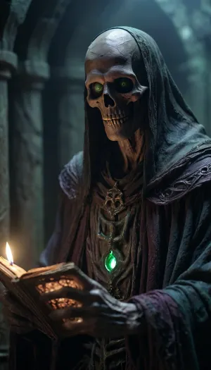 highly detailed horror photo of a, (lich), 1.0 in an occult arcane tomb, pieces of dead flesh, rot, green glow, rune staff, decay, lich, solo, holding, male focus, book, cloak, robe, holding book, magic, glowing, occult, (depth of field:1.2), blurry, blurry background, (realistic:1.3), photorealistic, fantasy, 32k, best quality, (light and dark:1.2), (shadow play:1.2), Dark, Fantasy, page, movie, still, film, cinematic, shot, lighting, macro, 35mm, green, eyes, blue, brown, close, up, teeth, braces, <lora:RPGLichXL:2>, <lora:Dark Fantasy:1.9>, <lora:AdvancedEnhancerXLv2:2>