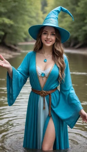 Realistic, fantasy, medieval, wizard, magical, 1girl, solo, beautiful, pretty, sweet smile, amazing bust, (busty:.8), squeezed cleavage, beautiful water design wizard robe, magical design wet dress, cyan wizard hat, necklace, long flowing hair, bright blue eyes, alluring calm vibe, magical aura, standing in the river, hands drawing magic circles, waving hands