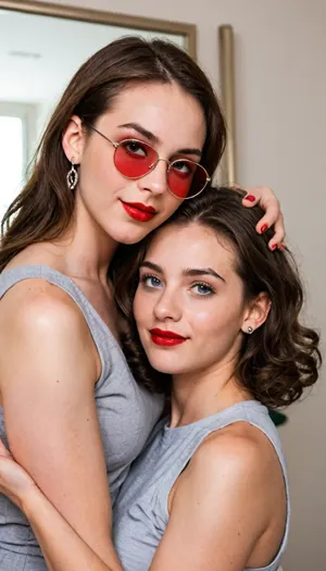 The image shows a yo girl wearing a sleeveless gray dress with decorative details on the shoulders. She has long, wavy brown hair and is smiling while applying red lipstick. She holds a red lipstick in one hand and a compact mirror in the other, which is partially open. Red sunglasses rest on top of her head, and she has pinky-red nail polish, matching her lipstick. The background is plain and light-colored, emphasizing her as the focal point.