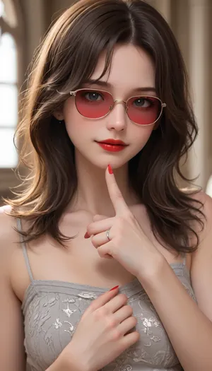 The image shows a yo girl wearing a sleeveless gray dress with decorative details on the shoulders. She has long, wavy brown hair and is smiling while applying red lipstick. She holds a red lipstick in one hand and a compact mirror in the other, which is partially open. Red sunglasses rest on top of her head, and she has pinky-red nail polish, matching her lipstick. The background is plain and light-colored, emphasizing her as the focal point.