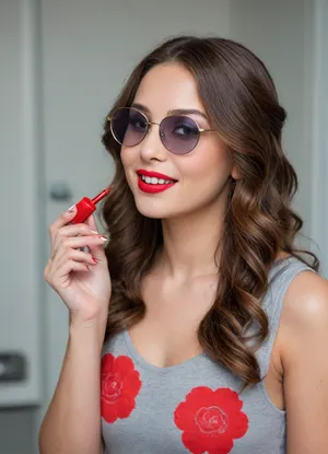 The image shows a yo girl wearing a sleeveless gray dress with decorative details on the shoulders. She has long, wavy brown hair and is smiling while applying red lipstick. She holds a red lipstick in one hand and a compact mirror in the other, which is partially open. Red sunglasses rest on top of her head, and she has pinky-red nail polish, matching her lipstick. The background is plain and light-colored, emphasizing her as the focal point.