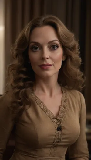 ultrarealistic, 8K HD, voluptuous 50-years old woman, wearing classy clothing, very long curly hair, (small almond-shaped eyes:1.6), deep blue eyes, smiling, full body view