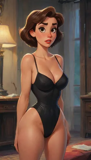 Voluptuous short 40 yo milf housewife Helen Parr from the Inccredibles in slutty Black slingshot lingerie, wide hips, narrow waist, hair covering one eye, showing ass, full body view, SamDoesArts, j_cartoon, <lora:278488_training_data:2>, <lora:Animated_Concept:1.8>, <lora:SDXLSamDoesArts:1.1>, <lora:J_cartoon:1.6>