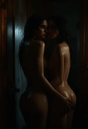 (two girls:1.9), (Rear view:1.9), Apartment, bathroom, shower background, bathroom background, (horny girl), (horny face), black hair, long hair, wet hair, blue eyes, Thick eyebrows, Ruined makeup, Crying, red lips, Thick lips, (Voluptuous body type), wet body, Water on body, (extrime huge tits), Freckles, Moles, Venous pattern on tits, very hairy pussy, Black nails, (standing leaned on the door:1.5), (wear Bathrobe:1), score_9, score_8_up, score_7_up, (<lora:add-detail-xl:.75>:1), (<lora:detailed_notrigger:.75>:1), (<lora:MJ52:.75>:1), (<lora:dark:.35>:.1), (<lora:outline_xl_kohaku_delta_spv5x:1.9>:1)