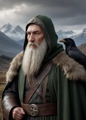 A wise old man, the Norse god Odin, wearing a green hooded cloak, with a thick beard and piercing eyes, (one eye hidden by a black patch), holds a carved staff. Two realistic black ravens with open beaks sit on his shoulders. The old man is set against a backdrop of wide, open mountainous and marshy terrain with ponds and snow-capped mountains on the horizon. Next to him is a huge stone carved with the, (rune Ansuz:1.7), . Digital painting, fantasy art inspired by Norse mythology. Dramatic lighting emphasizes the old man's face. Medium shot, chest-level angle showing details of the old man and ravens, as well as part of the expansive landscape. Detailed rendering of the face and beard, mystical atmosphere, realistic textures of the ravens and staff, melancholic colors, expressive features.