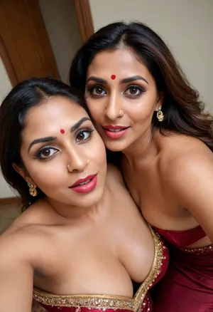 Two Indian lesbian women, smooching, posing for a selfie.40 years milf indian 2 aunties brides hot big boobs, deep cleavage show navel, strapless maroon silk middi party dress, sexy milf, Big boobs mommy, step mommy, slut, horny expression, inocent expression, inocent face, Pov top view, pov camera angle, POV top angle Focus from the top view, sweating, horny looks, orgasm, roja Mommy Quality, High Detail, 8K, Masterpiece, Rendered in Octane

Taking POV top view selfie, selfie pov, closeup POV

Big breasted milf, big boobs, big round boobs, Big boobs cleavage, tight cleavage Style, Photorealistic
Composition, Close-up to medium shot, slightly tilted, selfie perspective


Quality, High detail, 4K, natural skin texture