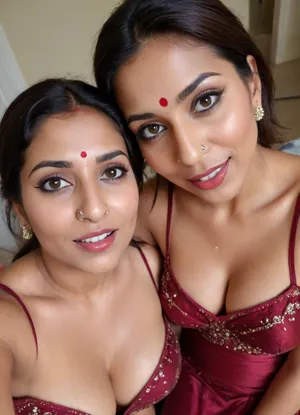 Two Indian women, one with a red bindi and nose ring, posing for a selfie.40 years milf indian 2 aunties brides hot big boobs, deep cleavage show navel, strapless maroon silk middi party dress, sexy milf, Big boobs mommy, step mommy, slut, horny expression, inocent expression, inocent face, Pov top view, pov camera angle, POV top angle Focus from the top view, sweating, horny looks, orgasm, roja Mommy Quality, High Detail, 8K, Masterpiece, Rendered in Octane

Licking face, saliva dripping Taking POV top view selfie, selfie pov, closeup POV

Big breasted milf, big boobs, big round boobs, Big boobs cleavage, tight cleavage Style, Photorealistic
Composition, Close-up to medium shot, slightly tilted, selfie perspective


Quality, High detail, 4K, natural skin texture


Face filled with thick white substance cumshots, cum facials, cum, sperm