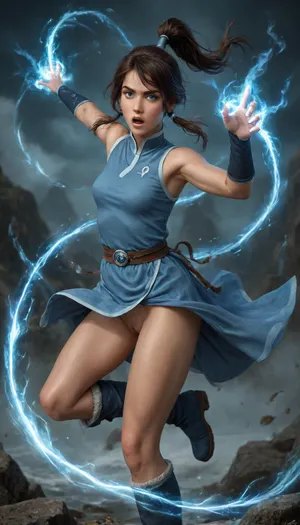 Korra, avatar the last airbender, warry face, shouting, tan-skinned, blue eyes, dark brown hair, hair is shoulder-length, messy bangs, ponytail, slender, thigh gap, sleeveless light-blue Water Tribe-inspired tunic, very tight clothes, covered pointing nipples, fabric belt, (exposed shaved pussy), fingerless gloves, boots, fight pose, wind in hair, wind in clothes, (big magic swirl around girl, big glowing magic flows), fantasy, magical powers, magical, magic, spell, element, water, swirls, air, wind, <lora:detailed_notrigger:.8>, PoweringUp, <lora:404648_training_data:.8>
