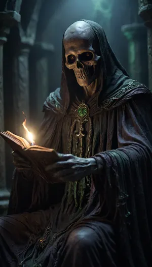highly detailed horror photo of a, (lich), 1.0 in an occult arcane tomb, pieces of dead flesh, rot, green glow, rune staff, decay, lich, solo, holding, male focus, book, cloak, robe, holding book, magic, glowing, occult, (depth of field:1.2), blurry, blurry background, (realistic:1.3), photorealistic, fantasy, cinematic, 32k, best quality, (light and dark:1.2), (shadow play:1.2), <lora:RPGLichXL:2>, Dark, Fantasy, page, <lora:Dark Fantasy:.8>