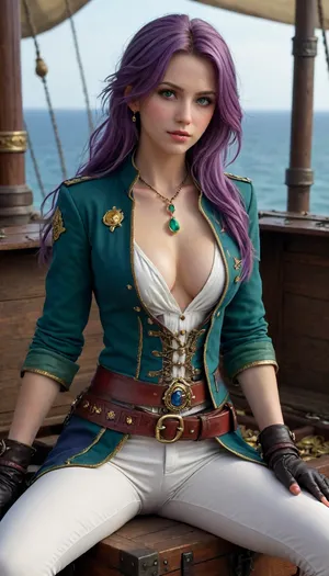 1girl, Faris Scherwiz, Final Fantasy, satisfied face, side-parted big locks of hair, disheveled, green eyes, deep cleavage, (legs spread), tight white trousers, black boots with yellow prints, sitting on big treasure chest, touching breasts, shiny golden coins, jewelry, red jewels, green emeralds, blue sapphire, diamonds, F4r1s, Sch3rw1z, purple, hair, jacket, tunic, jewel, Captain, <lora:Faris_Scherwiz:.8>, <lora:jewelry:.8>, <lora:add-detail-xl:.8>