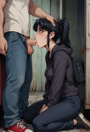 Score_9, score_8_up, score_7_up, reiq meets markgavatino art style, Wide shot, from 15 feet away, side view, Gorgeous 18 year old with glamorous goth makeup, black lipstick, wearing tight jeans and a hooded sweatshirt and hightop converse and backpack, kneeling next to open driver's door of a big rig truck parked at a truck stop, deepthroating the fully dressed driver's thick cock, driver seated in the truck, (sloppy+blowjob+deepthroat+balls deep+vomcum), (crying+gagging+gasping+struggling+breathless+suffocating), (excess cum+cum overflowing from mouth+creampie), (sweat+spit+drool+tears+cum+dripping from her face), (black hair), (ponytail), (medium breasts), cute, doodle, ratatatat74, <lora:cutedoodle_XL-000012:.8>, <lora:ratatatat74-000050:.8>, <lora:NEOTOKIOXL_0.2_RC:.8>, <lora:outline_xl_kohaku_delta_spv5x:.8>