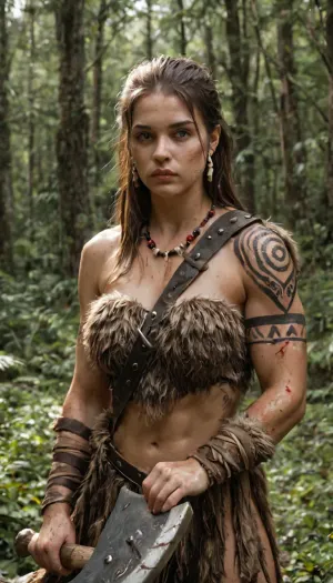 female barbarian, Dungeons and Dragons style, standing in a dense forest clearing after battle, wearing fur and leather armor adorned with bone and beads, muscular and scarred, holding a massive greataxe resting on her shoulder, tribal tattoos on arms, blood and dirt on her skin, wind blowing through her hair, cinematic natural lighting, photorealistic textures, ultra-detailed, 8k, RAW photo, realistic fantasy portrait, earthy tones, atmosphere of raw strength and pride
