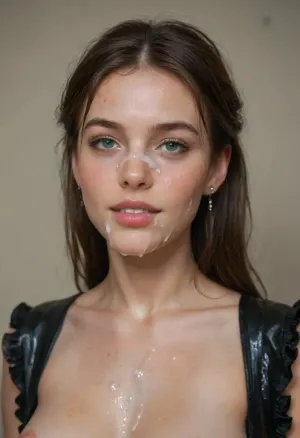 close shot of bukkake viewed from side, happy shy face, looking at viewer, hd dark green eyes and detailed cornea and iris, cumshots, (long straight hair), portrait picture of her face and breasts in cum facial, (wearing a pastel red frilly latex maids outfit), (saggy pointy breasts), (huge long puffy areola and nipples), with natural skin, excessive cum on her face, cum on her eyelashes, Cum on her eyelids, Cum on her cheek skin, cum in her mouth, her face wet with Cum, Cum on her lips. cum on her hair, woman, cum on face, (ellie aged 34), facialized, superfacialized, <lora:JustCum:.5>, <lora:facialized:.5>