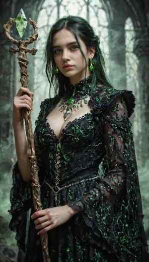 Anastasya from Heroes of Might and Magic VI, standing in a shadowy necropolis lit by cold green light, wearing detailed elegant black and silver necromancer robes with bone and crystal details, ((detailed pale skin with faint green glow)), glowing green aura, detailed piercing green eyes, short black hair flowing in the wind, medium breasts, cleavage, pubic hair, ghostly spirits swirling around her, holding an ornate staff topped with a skull and gem, perfect hands and fingers, cinematic moody lighting, photorealistic textures, ultra-detailed, 8k, RAW photo, realistic dark fantasy portrait, gothic atmosphere, fog and depth of field