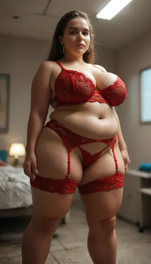 PlusSize, PlussizeModel PlussizeModels, Graciebon, Girls, Bigass, Bigbutt, Bighips, Thick, ThickThighs, ((siting in a retrofuturistic hospital room)), ((sexy red lingerie, garter belt)), (retrofuturistic:1), (retrofuturism:1), 8k, Ultra-realistic, hanging tits, saggy boobs, masterpiece, best quality, highly detailed, film, bokeh, professional, (ritualistic), (masterpiece, quality:1.2), (bokeh:1), (long exposure:1), (fat:1.4), (chubby:1.2), (4K UHD ultra-detailed RAW photo), high detailed, (photorealistic:1), (Very curvy BBW womans), ((sBbw+PAWG)), (obese:1.4), <lora:MJ52:.2>, <lora:M05_Intensify:.1>, <lora:gyakutaiojisan_bed_AB_XL:.8>