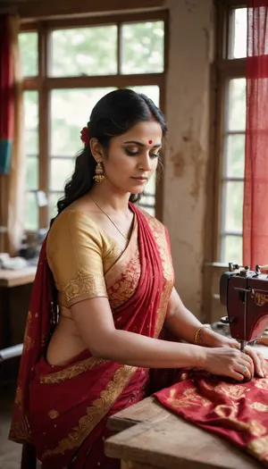 Mature Indian dressmaker with long braided hair stitching elaborate Indian wedding saree dress, traditional red and gold saree with intricate embroidery using an electric embroidery machine, woman skillfully placing fabric under electric embroidery machine, small tailor shop setting, warm sunlight through window, focused expression, detailed hands working with needle and thread, surrounded by colorful fabrics and spools of thread, wooden workbench, incense smoke in background, vibrant cultural atmosphere, perfect anatomy, detailed face, realistic lighting, high level of detail, 8K resolution, masterpiece, professional photography, soft natural lighting
