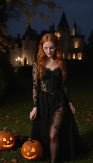 at midnight at halloween, in a garden under moolight, haunted castle in background, beautiful irish woman, ginger hair, long hair, wearing a tansparent black lace dress, undressing transparent lack shirt with embroidery adorned with cobwebs and autumn leaves, dancing in garden around a fire, jack o lantern and pumpkins along path