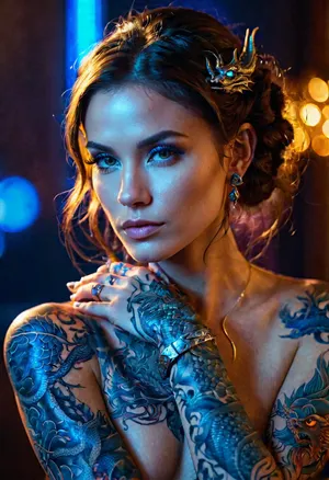 Close-up portrait of a mysterious woman with an intricate glowing dragon tattoo in brilliant blue light. The tattoo covers part of her arm and face, creating a transcendent and supernatural light. The woman's facial expression is calm and focused, with delicate features and hair adorned with elegant accessories. The background is dimly lit, highlighting the neon lights of the tattoo. His clothes are dark, making his bright tattoos stand out. The general atmosphere is futuristic and mysterious.