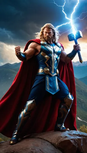(mighty Thor:1.3), in a fighting stance, (gold and blue armor:1.2), red cloak, Mjolnir with lightning, (luxuriant blond hair:1.1), beard, (muscles:1.2), (epic scene:1.1), (mountain background:1.1), stormy sky, bright lightning, dramatic lighting, cinematic lighting, (high detail), realistic details, textured skin, (bright colors), studio-quality photo, studio shot, (depth of field), blurred background.