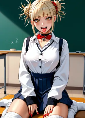 ((toga_himiko)), 1girl alternate_costume black_choker blonde_hair blue_skirt blunt_bangs breasts choker breasts_out clothes_around_waist collared_shirt double_bun gyaru hair_bun hand_on_own_chest kneeling large_breasts loose_socks open_clothes open_shirt pink_sweater red_nails scrunchie shirt short_bangs sidelocks skirt socks solo sweater sweater_around_waist tan tongue tongue_out v-shaped_eyebrows white_background, classroom, <lora:Basuke-P3v1-NbVp10:1.2>, <lora:hinaTuningFaceDetailer_SDXL-v2-rank256-pruned:1.2>