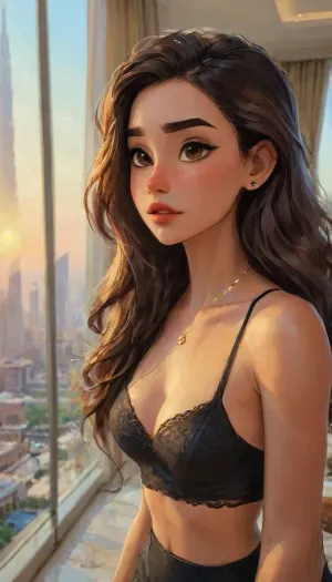 A cinematic, high-resolution portrait of a young hispanic woman taking a confident mirror-style selfie in a luxurious hotel suite in Dubai during golden hour. The woman has long, voluminous wavy dark brown hair with soft curls and curtain bangs that frame her face. Her makeup is glamorous — winged black eyeliner, glossy pink lips, and precisely shaped brows. She wears a small silver nose ring, a delicate necklace with a small pendant, and a fitted black ribbed button-up crop top with long sleeves paired with elegant black lace underwear. A sparkling silver belly piercing with a gemstone charm catches the light. The warm sunset light floods through the large floor-to-ceiling windows, casting a soft golden glow across the room. The Burj Khalifa and the glittering Dubai skyline are visible in the background through the glass, illuminated by the setting sun. The room’s decor is sophisticated — marble floors, champagne-gold tones, plush cream furniture, and modern design elements that reflect the opulence of a five-star Dubai hotel. The atmosphere feels intimate, warm, and stylish, with light reflecting off polished surfaces and her hair softly backlit by the sunset. The camera angle is slightly low and close, emphasizing her confident pose and the glowing ambience. perfect anatomy, best quality, 8k, insane details, intricate details, hyperdetailed, hyper quality, ultra detailed, professional, HDR, ray tracing reflection, cinematic lighting, highlydetailedbody, realisticface, highlydetailedhair, perfectfingers, insanelydetailed, 8K.highdetailedskin, highresolution, (j_cartoon:1.5), Drawing, Angie, uberfit, muscular, athletic, <lora:461895_training_data:2>, <lora:detailed_notrigger:2>, <lora:samdoesarts1.1-000030:.4>, <lora:J_cartoon:.3>, <lora:Animated_Concept:.4>