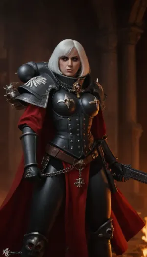 Create a detailed and dynamic illustration of a Sister of Battle, (Adepta Sororitas), from the Warhammer 40, 000 universe. She should be depicted in her iconic power armor, wielding a bolter and a flamer, embodying fierce devotion and unyielding faith. The background should evoke a grimdark sci-fi battlefield with gothic architecture and war-torn environment. Emphasize her role as a holy warrior fighting for the Emperor, showcasing both strength and piety., adepta, sororitas, <lora:adepta_sororitas_xl_v1:.8>