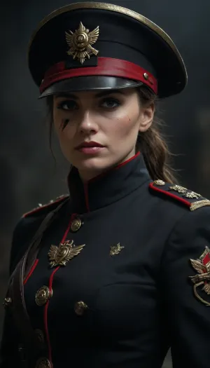 Female Commissar from Warhammer 40, 000, wearing a stern, dark military uniform without imperial insignia, authoritative and grim expression, battle-worn face with scars, futuristic dystopian war environment, detailed rugged armor, dramatic moody lighting, gritty and realistic style