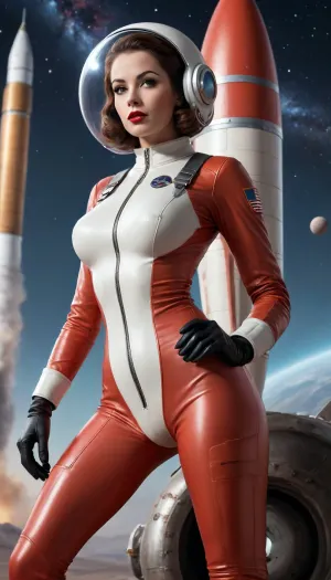 A hyper-realistic pin-up style illustration of a sexy female astronaut, full body shot, posed next to a retro sci-fi rocket. She has an **hourglass figure**, **exaggerated curves**, and a confident, alluring expression. She is wearing a form-fitting, **high-contrast retro spacesuit** with thigh-high white boots and a clear bubble helmet. **Intricate detailing** on the suit and leather harness. Cosmic background with a detailed nebula and planets. **Ultra-realistic skin texture**, volumetric lighting, dramatic shadows, photorealistic, 8k, **digital painting**. Hyper realistic