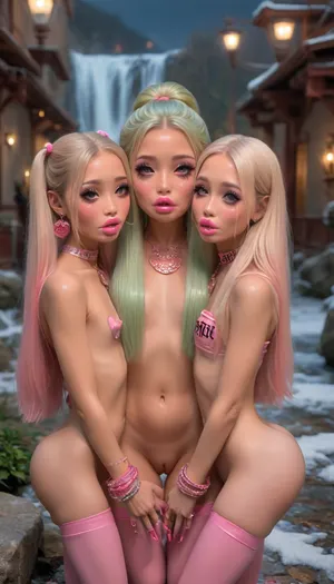 (1 woman), high detail of the face, women, filipina, (asian face:1.9), (very skinny), bimbo slut, (hairstyle with five pigtails and bangs, shiny light green hair), (very big plump lips), purple color eyes, beautifull eyes, artificial eyelashes, rounded big breasts, (flat cheasted:1.4), (bimbo makeup, intense saturated glossy lipstick:1.5), show nude tits, stockings, heels, She pushes until her pussy even starts to prolapse! Her pussy even opens up on its own from the pressure! She grunting as she tries to push so hard. She sticks her fingers in her ass to stretching it wide open to show her beautiful anal flower and hold it there for you to stare at! It looks like a red rose coming out of her ass!, seductive, at night, sweet tiny butt, jewellry, bracelets, necklaces, nipple ringsnipple, nipple ringsnipple rings, pussy view, slit pussy, Winter, Waterfall, <lora:Winter Waterfall:.8>