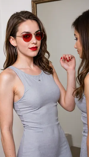 The image shows a yo girl wearing a sleeveless gray dress with decorative details on the shoulders. She has long, wavy brown hair and is smiling while applying red lipstick. She holds a red lipstick in one hand and a compact mirror in the other, which is partially open. Red sunglasses rest on top of her head, and she has pinky-red nail polish, matching her lipstick. The background is plain and light-colored, emphasizing her as the focal point.
