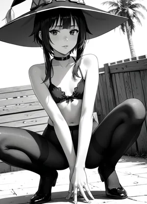 Solo, black swimwear, black hair, megumin, squatting, pale shiny skin, skinny, small breasts, skindentation, pantyhose, monochrome, lineart, LineAniAF, (((<lora:LineAniRedmondV2-Lineart-LineAniAF:2>)))